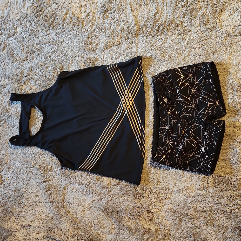 Black Girls' Athletic Tank and Shorts Matching Set with Gold Accent